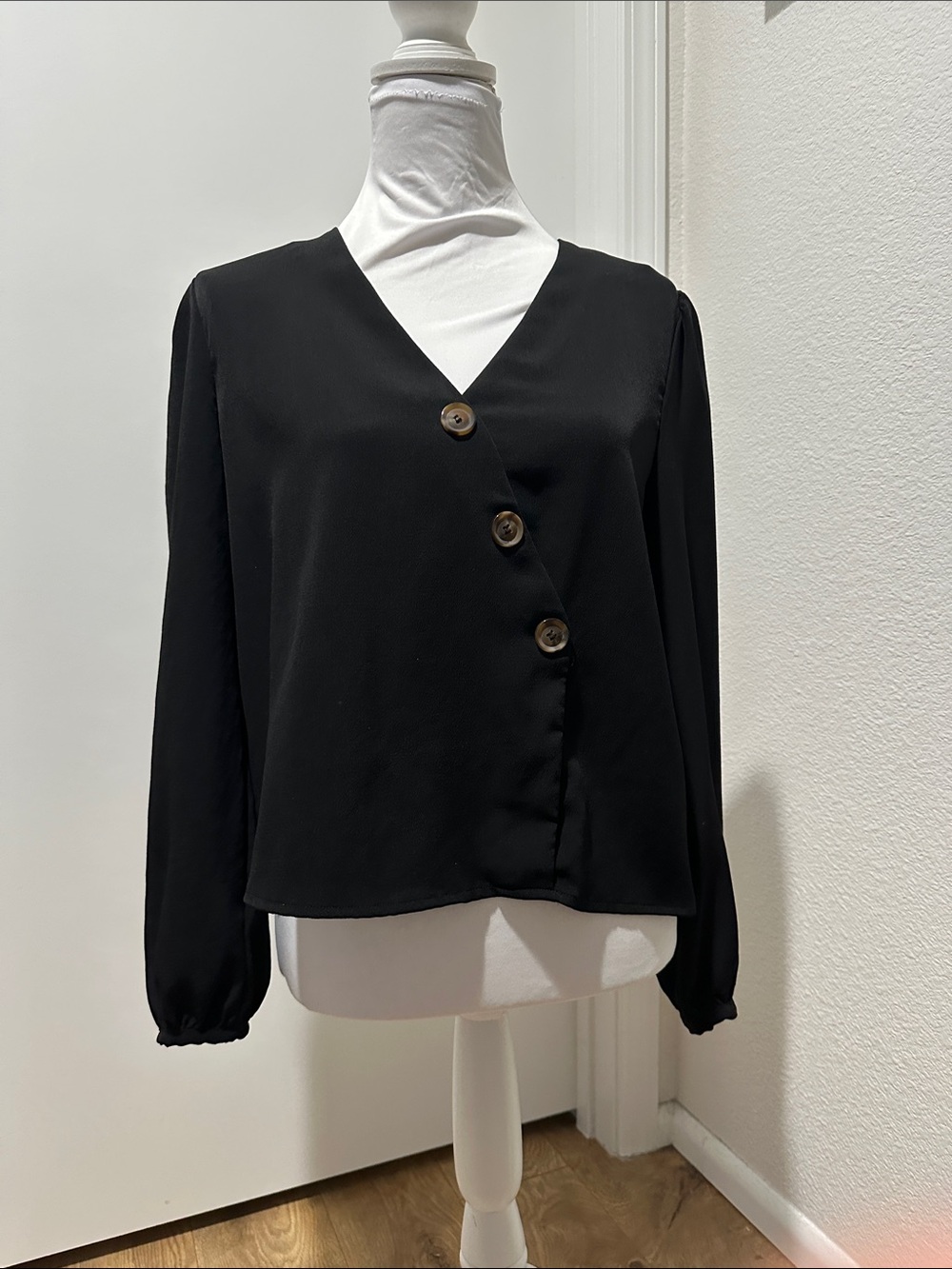 V-Neck Black Button-Front Blouse